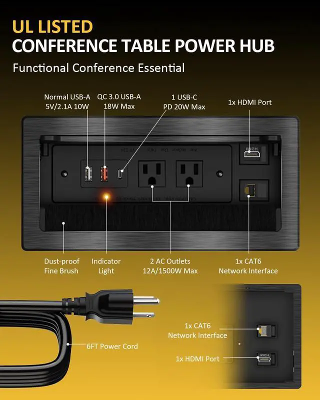 Alt view image 4 of 7 - Conference Table Power Hub, Outlet Multimedia Connectivity Box with 1 HDMI + 1 RJ45 + 20W USB C + 2 USB A + 2 AC Outlets, Heavy Duty Metal Table Top Box for Countertop Office UL Listed