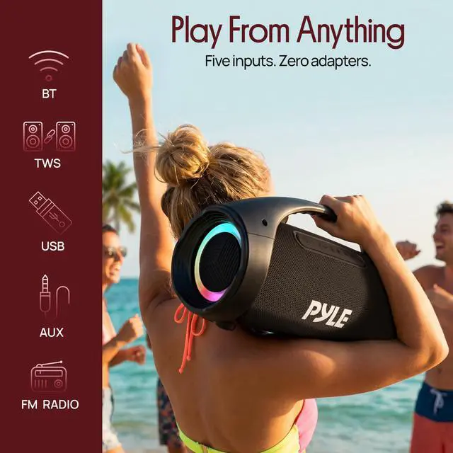 Alt view image 2 of 7 - Portable Bluetooth Boombox Speaker - 100W Peak Power, 19H Battery, FM Radio, USB Playback, Aux in, TWS Pairing - Use for Home, Outdoor, Travel - LED Lights - Sturdy Carry Handle - PBTPSPWP25BK