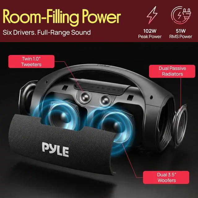 Alt view image 3 of 7 - Portable Bluetooth Boombox Speaker - 100W Peak Power, 19H Battery, FM Radio, USB Playback, Aux in, TWS Pairing - Use for Home, Outdoor, Travel - LED Lights - Sturdy Carry Handle - PBTPSPWP25BK