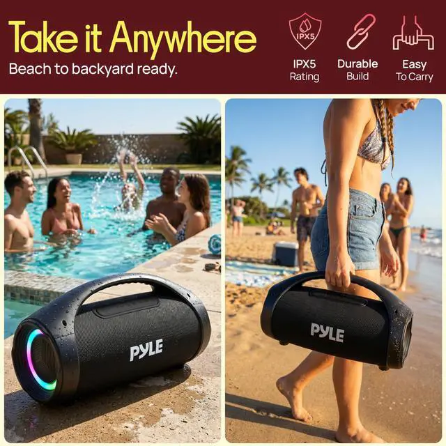 Alt view image 4 of 7 - Portable Bluetooth Boombox Speaker - 100W Peak Power, 19H Battery, FM Radio, USB Playback, Aux in, TWS Pairing - Use for Home, Outdoor, Travel - LED Lights - Sturdy Carry Handle - PBTPSPWP25BK