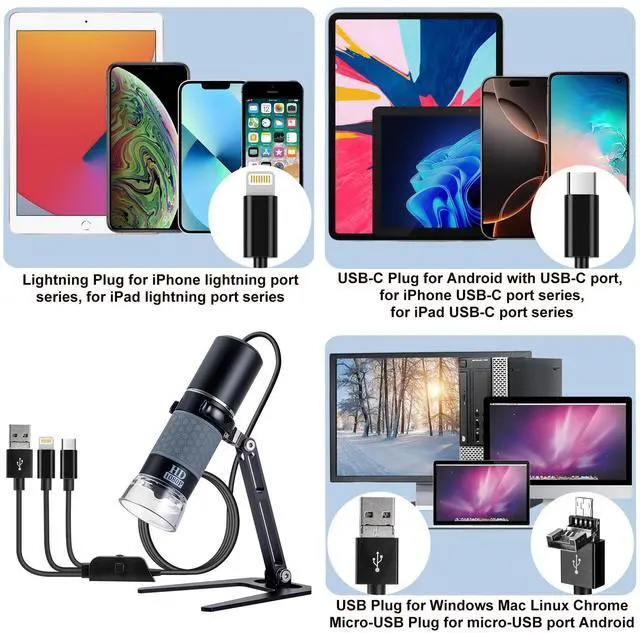 Alt view image 2 of 6 - 1080P 50-1000x USB Digital Microscope Stand for iPhone Android PC | 1920x1080P 8 LED Handheld Endoscope Mini Camera with Metal Stand, Compatible with iOS Android Windows Mac Linux Chrome