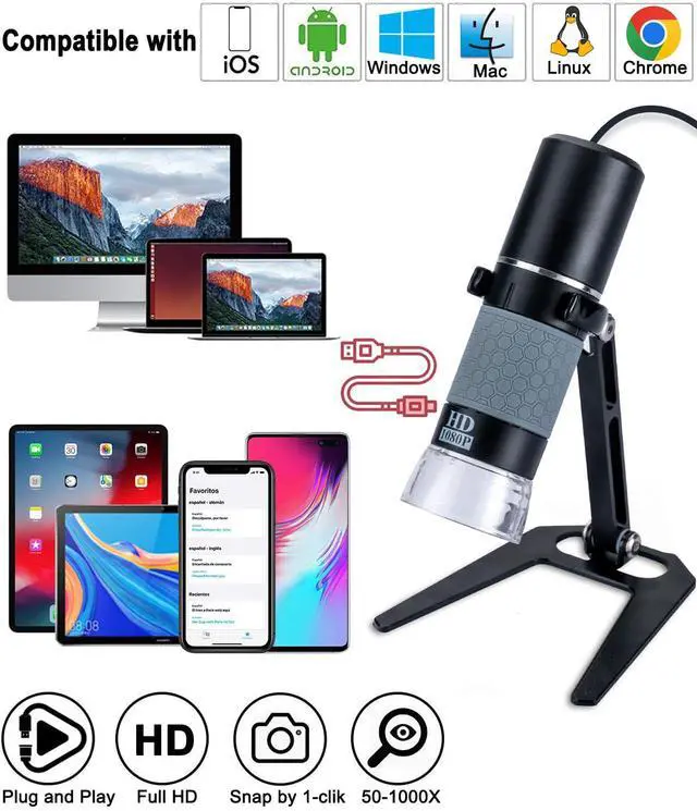 Alt view image 3 of 6 - 1080P 50-1000x USB Digital Microscope Stand for iPhone Android PC | 1920x1080P 8 LED Handheld Endoscope Mini Camera with Metal Stand, Compatible with iOS Android Windows Mac Linux Chrome