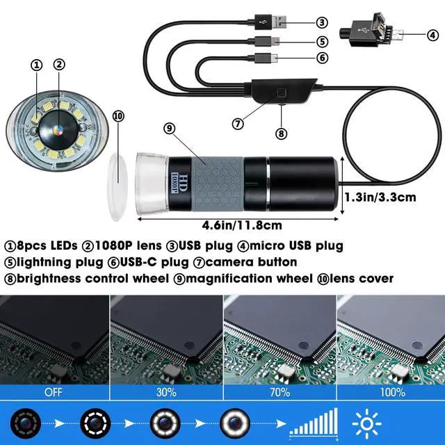 Alt view image 5 of 6 - 1080P 50-1000x USB Digital Microscope Stand for iPhone Android PC | 1920x1080P 8 LED Handheld Endoscope Mini Camera with Metal Stand, Compatible with iOS Android Windows Mac Linux Chrome