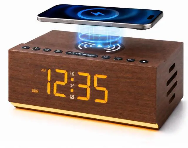 Main image of Hoifen Wooden Digital Alarm Clock with Bluetooth Speaker, Wireless Charging, FM Radio, Night Light, Auto Time Sync, Dual Alarms, USB Port, 9-Min Snooze for Bedroom, Desk, Bedside Clock Home Decor Gift