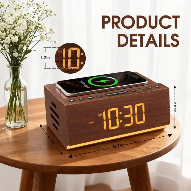 Alt view image 2 of 7 - Hoifen Wooden Digital Alarm Clock with Bluetooth Speaker, Wireless Charging, FM Radio, Night Light, Auto Time Sync, Dual Alarms, USB Port, 9-Min Snooze for Bedroom, Desk, Bedside Clock Home Decor Gift