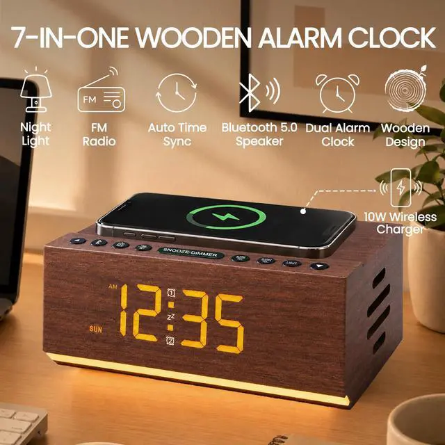 Alt view image 3 of 7 - Hoifen Wooden Digital Alarm Clock with Bluetooth Speaker, Wireless Charging, FM Radio, Night Light, Auto Time Sync, Dual Alarms, USB Port, 9-Min Snooze for Bedroom, Desk, Bedside Clock Home Decor Gift
