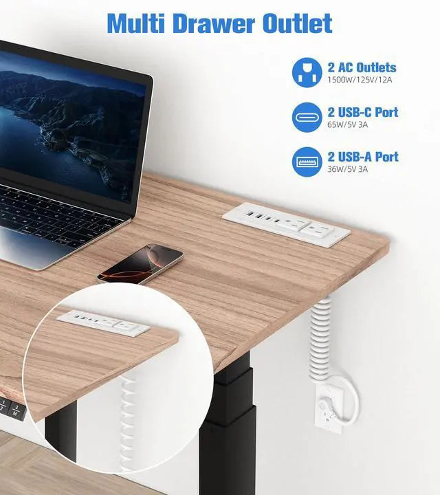 Alt view image 2 of 7 - 65W Furniture Drawer Outlet Kit, Recessed Outlet with 4 USB Ports & 2 AC Outlets, Recessed Power Strip for Home, Office,14 AWG-6FT Spring Cord