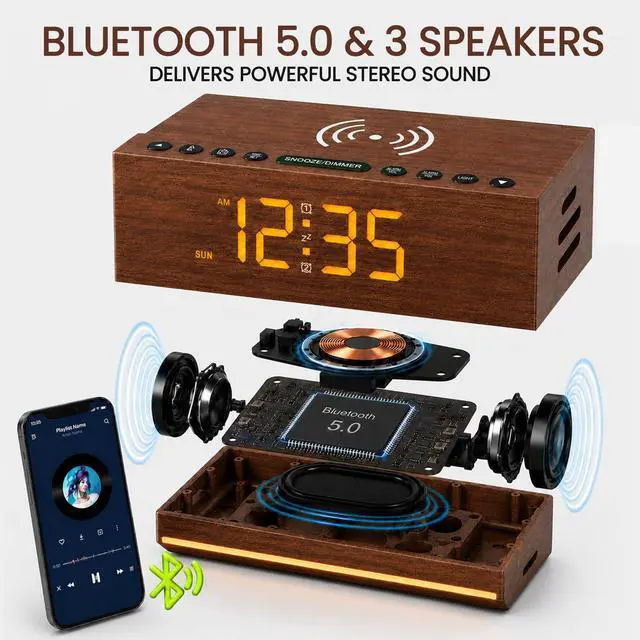 Alt view image 5 of 7 - Hoifen Wooden Digital Alarm Clock with Bluetooth Speaker, Wireless Charging, FM Radio, Night Light, Auto Time Sync, Dual Alarms, USB Port, 9-Min Snooze for Bedroom, Desk, Bedside Clock Home Decor Gift