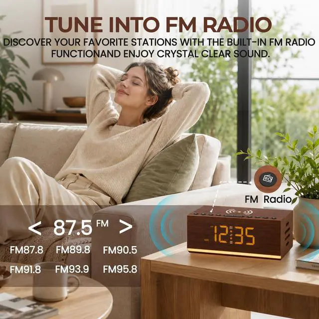 Alt view image 6 of 7 - Hoifen Wooden Digital Alarm Clock with Bluetooth Speaker, Wireless Charging, FM Radio, Night Light, Auto Time Sync, Dual Alarms, USB Port, 9-Min Snooze for Bedroom, Desk, Bedside Clock Home Decor Gift