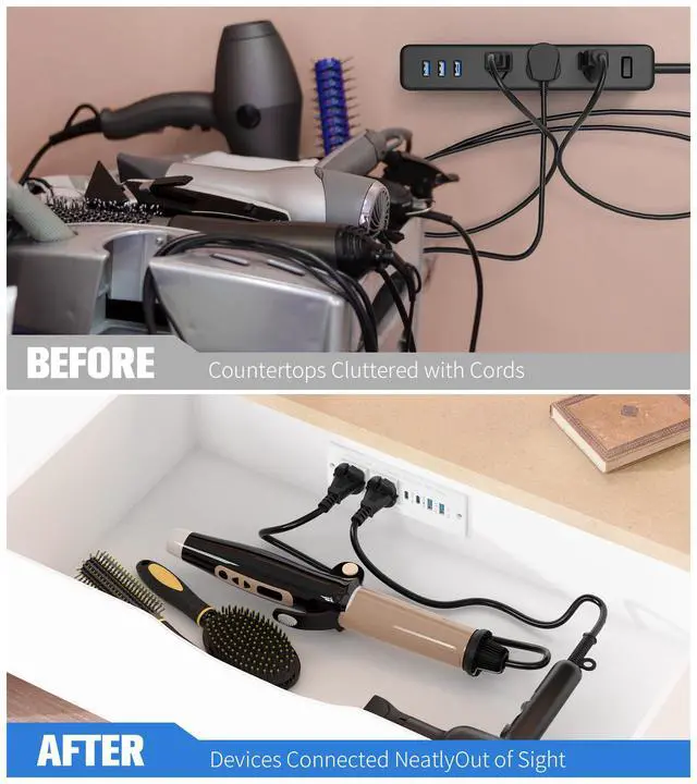 Alt view image 4 of 7 - 65W Furniture Drawer Outlet Kit, Recessed Outlet with 4 USB Ports & 2 AC Outlets, Recessed Power Strip for Home, Office,14 AWG-6FT Spring Cord