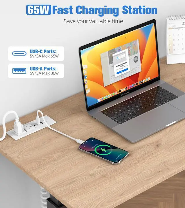 Alt view image 3 of 7 - 65W Furniture Drawer Outlet Kit, Recessed Outlet with 4 USB Ports & 2 AC Outlets, Recessed Power Strip for Home, Office,14 AWG-6FT Spring Cord