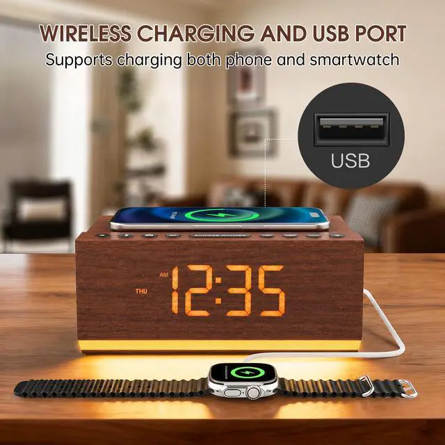 Alt view image 4 of 7 - Hoifen Wooden Digital Alarm Clock with Bluetooth Speaker, Wireless Charging, FM Radio, Night Light, Auto Time Sync, Dual Alarms, USB Port, 9-Min Snooze for Bedroom, Desk, Bedside Clock Home Decor Gift