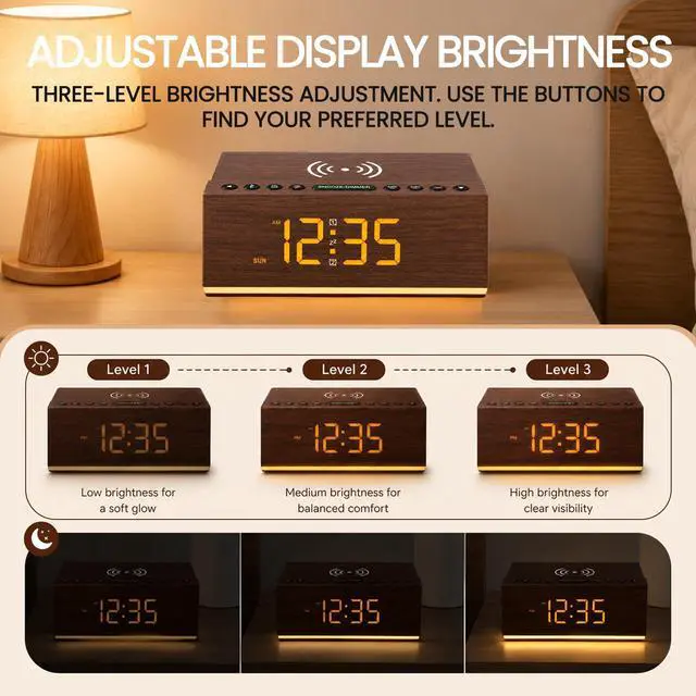 Alt view image 7 of 7 - Hoifen Wooden Digital Alarm Clock with Bluetooth Speaker, Wireless Charging, FM Radio, Night Light, Auto Time Sync, Dual Alarms, USB Port, 9-Min Snooze for Bedroom, Desk, Bedside Clock Home Decor Gift
