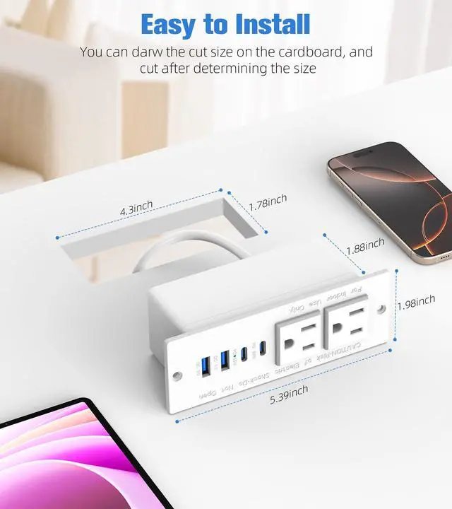Alt view image 7 of 7 - 65W Furniture Drawer Outlet Kit, Recessed Outlet with 4 USB Ports & 2 AC Outlets, Recessed Power Strip for Home, Office,14 AWG-6FT Spring Cord
