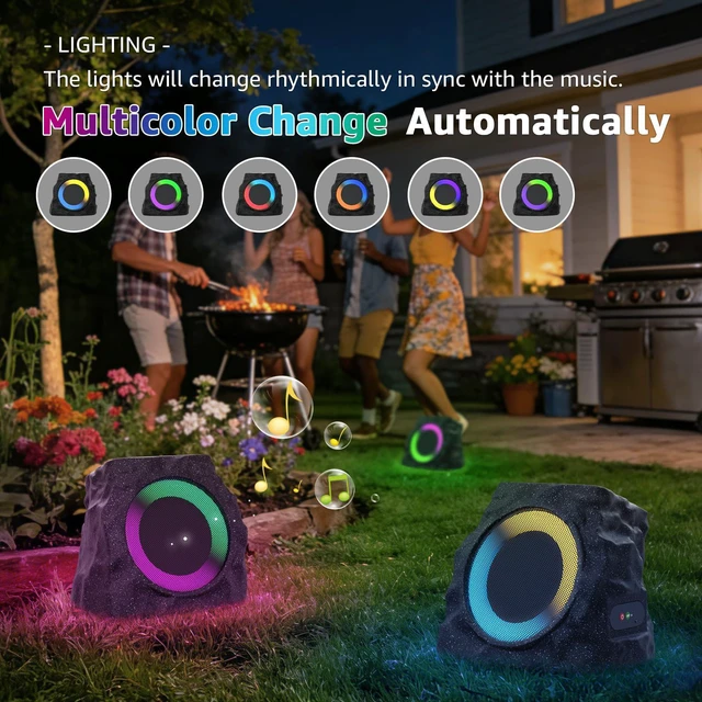 Alt view image 5 of 7 - 2 Pack Solar Rock Speakers Outdoor Waterproof Patio with Lights Color,Multi-Sync Up to 100 Speakers Pairing Solar Powered Rock Speaker Rechargeable for Pool Party Yard Outside