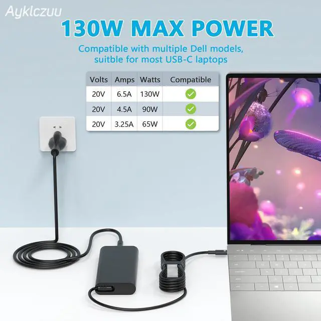 Alt view image 2 of 7 - 130W USB C Type C Laptop Charger AC Adapter for Dell XPS 15 17 2in1 9575 9500 9700 Precision 5530 2in1 5550 5750 3560 Latitude 5520 5540 5420 3520 DA130PM170 HA130PM170 0K00F5 Power Cord