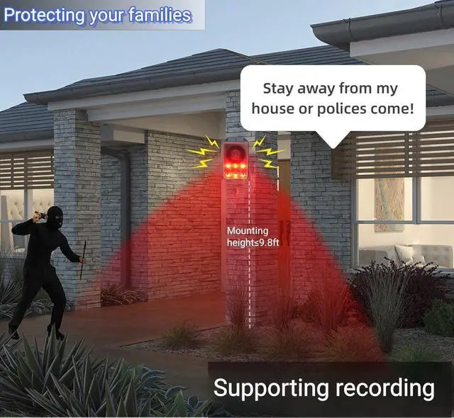 Alt view image 2 of 7 - Solar Outdoor Motion Sensor Alarm,Dog Barking and Gunshot Sound | Support Recording,Adjust Volume,130db Loud Noise Maker,3 Work Modes Strobe Light with USB,Say Goodbye to The Intruders
