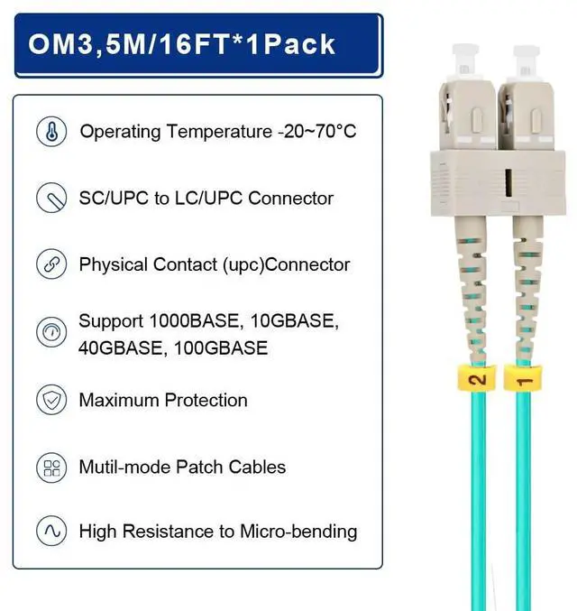 Alt view image 4 of 7 - OM3 SC to LC Multimode Fiber Patch Cable 5M/16ft | MMF Multi mode, Duplex 50/125um, 10G/40G, Fiber Optic Cord Length Options: 1m-50m, LSZH