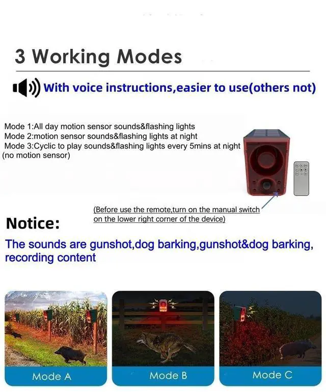 Alt view image 4 of 7 - Solar Outdoor Motion Sensor Alarm,Dog Barking and Gunshot Sound | Support Recording,Adjust Volume,130db Loud Noise Maker,3 Work Modes Strobe Light with USB,Say Goodbye to The Intruders
