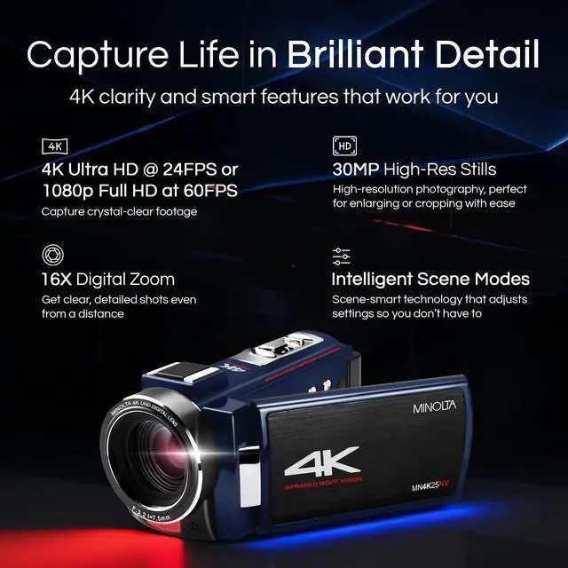 Alt view image 2 of 5 - Showtime MN4K25NV 4K Camcorder, Night Vision, 30MP, 16X Zoom (Black | Includes a durable carrying case for convenient storage, travel and protection