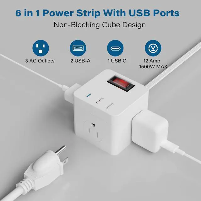 Alt view image 3 of 7 - Outdoor Power Strip Cube 6 Ft, IPX4 Waterproof 3 AC Outlet Widely Spaced with 2 USB-A & 1 USB-C PD 20W Charging Station, Low Profile 45 Degree Flat Plug Extension Cord Wall Mountable, ETL-White