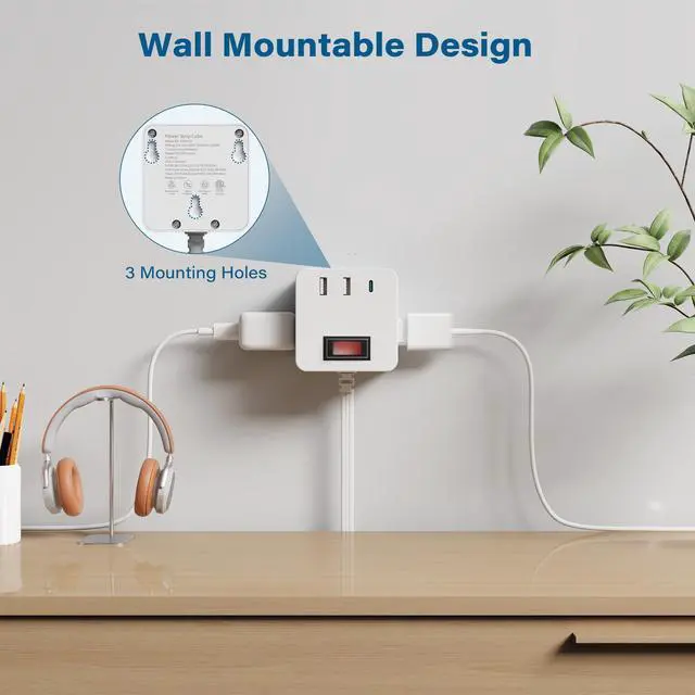 Alt view image 7 of 7 - Outdoor Power Strip Cube 6 Ft, IPX4 Waterproof 3 AC Outlet Widely Spaced with 2 USB-A & 1 USB-C PD 20W Charging Station, Low Profile 45 Degree Flat Plug Extension Cord Wall Mountable, ETL-White