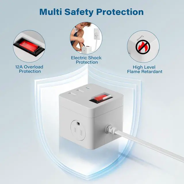 Alt view image 6 of 7 - Outdoor Power Strip Cube 6 Ft, IPX4 Waterproof 3 AC Outlet Widely Spaced with 2 USB-A & 1 USB-C PD 20W Charging Station, Low Profile 45 Degree Flat Plug Extension Cord Wall Mountable, ETL-White