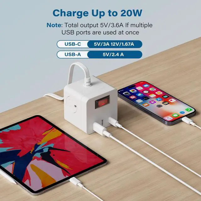 Alt view image 4 of 7 - Outdoor Power Strip Cube 6 Ft, IPX4 Waterproof 3 AC Outlet Widely Spaced with 2 USB-A & 1 USB-C PD 20W Charging Station, Low Profile 45 Degree Flat Plug Extension Cord Wall Mountable, ETL-White