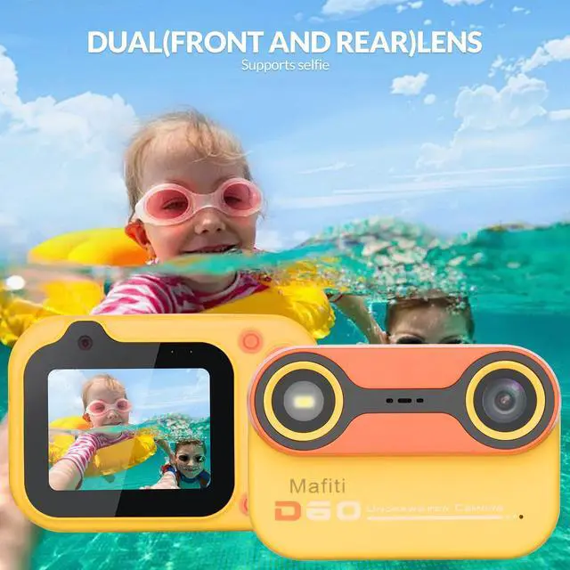 Alt view image 5 of 7 - Kids Waterproof Camera Underwater Camera 10FT with 32GB Card Floatable Pool Toys Gifts for Kids Age 4-12 26MP Photos 1080P HD Videos Children Selfie Digital Camera Orange