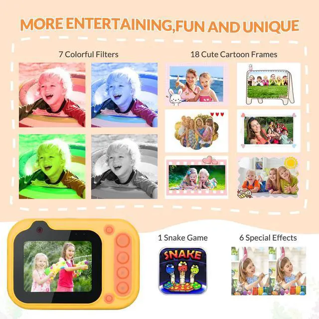 Alt view image 7 of 7 - Kids Waterproof Camera Underwater Camera 10FT with 32GB Card Floatable Pool Toys Gifts for Kids Age 4-12 26MP Photos 1080P HD Videos Children Selfie Digital Camera Orange