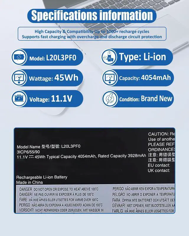 Alt view image 4 of 6 - 45Wh L20L3PF0 L20M3PF0 Battery Replacement for Lenovo Ideapad 3-14ITL6 3-15ITL6 3-17ITL6 3-14ALC6 3-15ALC6 3-17ALC6 3-14ABA7 S14 G2-ITL G3-IAP V14 G2 G3 Serie 5B10W67402 5B10T83739 -11.1V 4054mAh