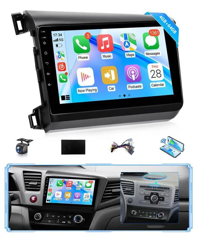 Main image of 8Core 4G + 64G Android Car Stereo for Honda Civic 2012 to 2015 Apple CarPlay Android Auto, 9IN IPS Touch Screen for Civic Car Play Unit with GPS Navi BT FM RDS DSP HiFi 5G WiFi SWC MIC Camere