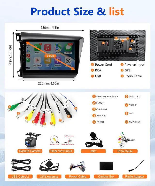 Alt view image 7 of 7 - 8Core 4G + 64G Android Car Stereo for Honda Civic 2012 to 2015 Apple CarPlay Android Auto, 9IN IPS Touch Screen for Civic Car Play Unit with GPS Navi BT FM RDS DSP HiFi 5G WiFi SWC MIC Camere