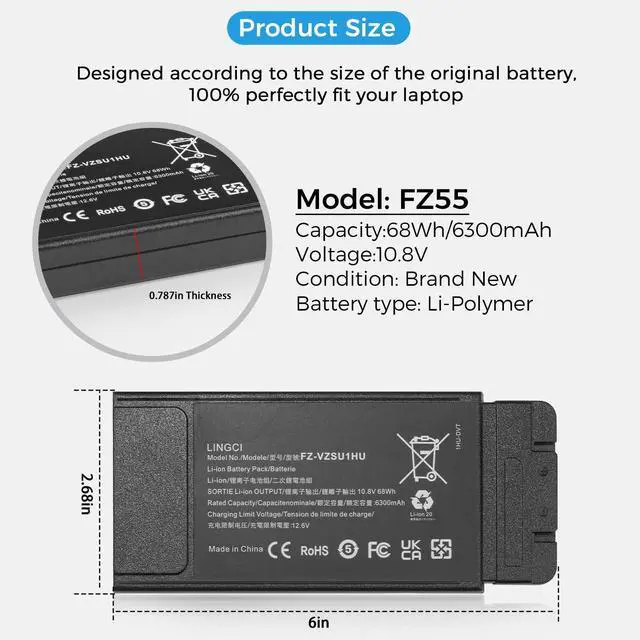 Alt view image 2 of 7 - FZ-55 Battery, FZ-VZSU1HU Battery Replacement for Panasonic Toughbook 55 FZ-55 Mk1 FZ-VZSU1 10.8V 68Wh 6300mAh Li-Polymer (Not Suitable for CF-54)