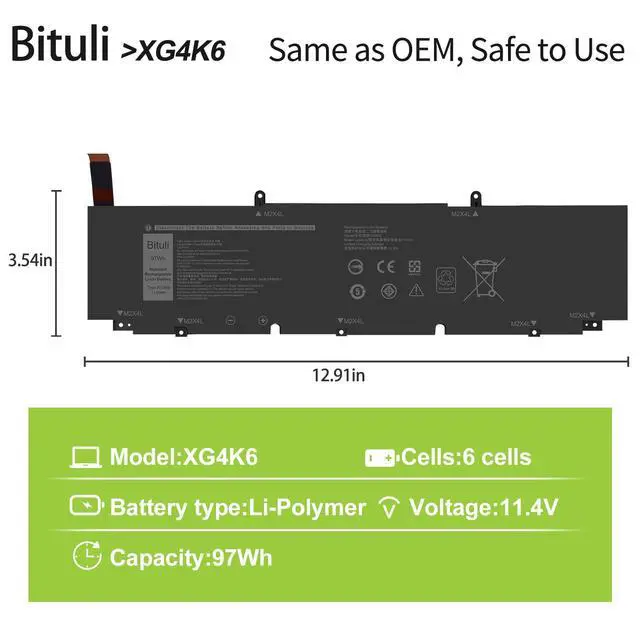 Alt view image 2 of 6 - XG4K6 Battery Replacement for Dell XPS 17 9700 9710 9720 9730 Precision 5750 5760 5770 Series P92F P92F001 P92F002 P92F003 01RR3 F8CPG OF8CPG 5XJ6R KVPMY 0YY3V KRDHV 11.4V 97Wh