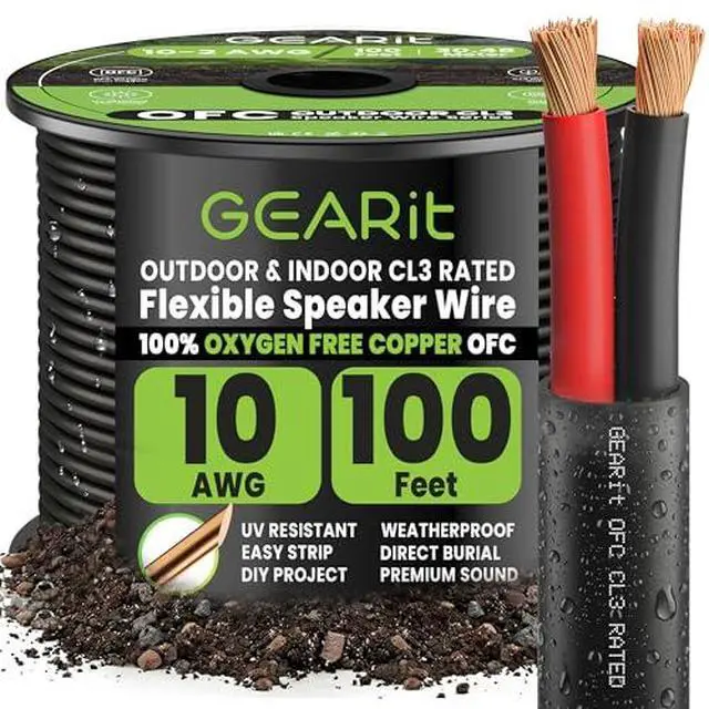 Alt view image 2 of 7 - Outdoor Speaker Wire CL3 Rated, 10 Gauge Speaker Wire, Speaker Cable 100 ft for Outdoor Speakers, Patio, Garden, Backyard Audio, Direct Burial in Ground/in Wall, OFC (Black, 2-Conductors)