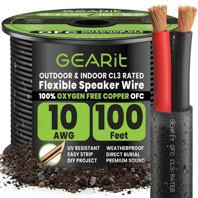Main image of Outdoor Speaker Wire CL3 Rated, 10 Gauge Speaker Wire, Speaker Cable 100 ft for Outdoor Speakers, Patio, Garden, Backyard Audio, Direct Burial in Ground/in Wall, OFC (Black, 2-Conductors)