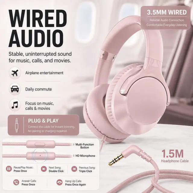 Alt view image 2 of 7 - Wired Headphones with Cord Mic,Tangle-Free,Decent Sound-Acceptable Pink | Adjustable Headband Foldable Over-Ear Lightweight for Office/Travel/Tablet/iPad/Laptop,HD Stereo Sound,Aux 3.5mm