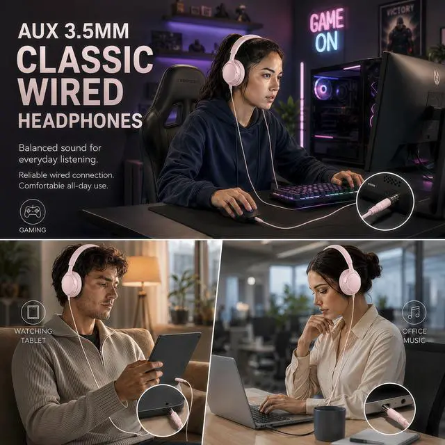 Alt view image 3 of 7 - Wired Headphones with Cord Mic,Tangle-Free,Decent Sound-Acceptable Pink | Adjustable Headband Foldable Over-Ear Lightweight for Office/Travel/Tablet/iPad/Laptop,HD Stereo Sound,Aux 3.5mm