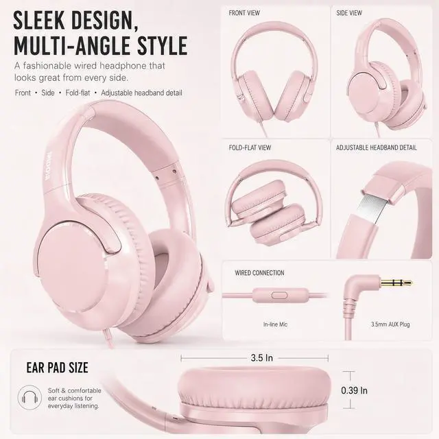 Alt view image 4 of 7 - Wired Headphones with Cord Mic,Tangle-Free,Decent Sound-Acceptable Pink | Adjustable Headband Foldable Over-Ear Lightweight for Office/Travel/Tablet/iPad/Laptop,HD Stereo Sound,Aux 3.5mm