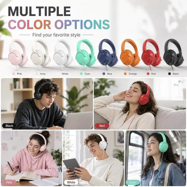 Alt view image 5 of 7 - Wired Headphones with Cord Mic,Tangle-Free,Decent Sound-Acceptable Pink | Adjustable Headband Foldable Over-Ear Lightweight for Office/Travel/Tablet/iPad/Laptop,HD Stereo Sound,Aux 3.5mm