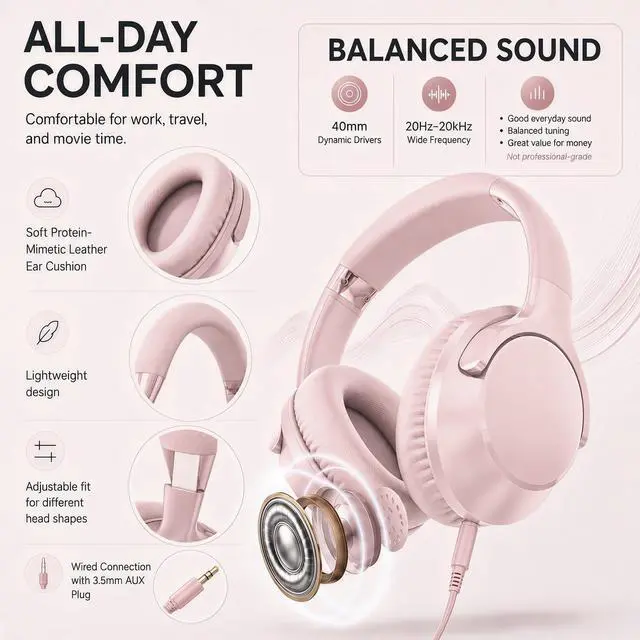 Alt view image 6 of 7 - Wired Headphones with Cord Mic,Tangle-Free,Decent Sound-Acceptable Pink | Adjustable Headband Foldable Over-Ear Lightweight for Office/Travel/Tablet/iPad/Laptop,HD Stereo Sound,Aux 3.5mm