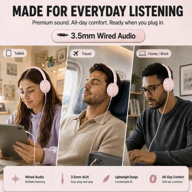 Alt view image 7 of 7 - Wired Headphones with Cord Mic,Tangle-Free,Decent Sound-Acceptable Pink | Adjustable Headband Foldable Over-Ear Lightweight for Office/Travel/Tablet/iPad/Laptop,HD Stereo Sound,Aux 3.5mm