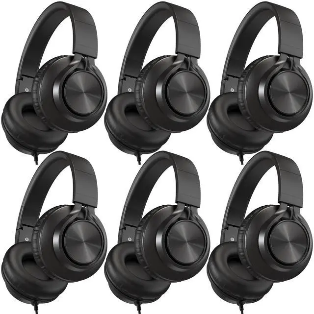 Main image of Kids Headphones Wired for School 6 Pack Bulk with Mic, Black | For K-12th Grade Classroom, Students, Teens, Durable, 3.5mm Jack,All-Day Comfort,For Chromebook, Computer, Laptop