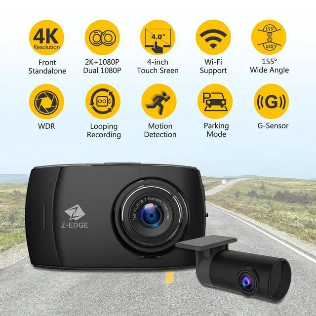 Alt view image 7 of 7 - Z-Edge T4 Dash Cam Front and Rear, 4K Dual Dash cam, 2K+1080P Front and Rear, Touch Screen WiFi Car Camera, WDR, Night Vision, G-Sensor, Loop Recording, 24 Hours Parking Mode, Support 512GB Max