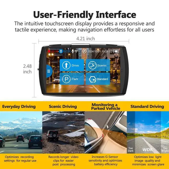 Alt view image 4 of 7 - Z-Edge T4 Dash Cam Front and Rear, 4K Dual Dash cam, 2K+1080P Front and Rear, Touch Screen WiFi Car Camera, WDR, Night Vision, G-Sensor, Loop Recording, 24 Hours Parking Mode, Support 512GB Max