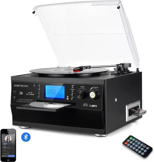 Main image of 9-in-1 Record Player with Stereo Speaker, 3-Speed Turntable for Vinyl, CD/Cassette Player, Bluetooth, USB/SD Playback, AM/FM Radio, Aux-in, Remote Control (Black)