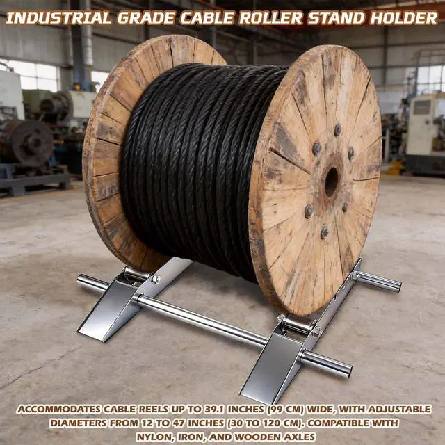 Alt view image 7 of 7 - Hot-dip Galvanized Cable Drum Roller, Heavy Duty Cable Roller Stand Holder | Reel Dispenser Industrial Grade Double Rail Drum Unwinder for Reels up to 39" Width, 2-Ton Capacity Steel Wire Dispenser