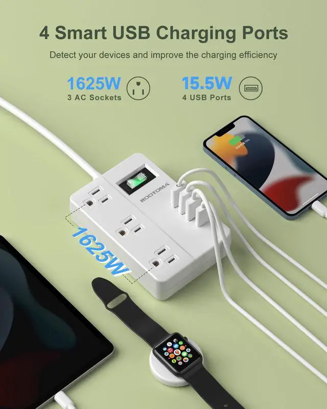 Alt view image 5 of 7 - 2 Prong Power Strip with USB-C, 2 Prong to 3 Prong Outlet Adapter, 1080J 2 Prong Surge Protected with 3 Outlet & 4 USB, 3 Prong Adapter 4ft, for Polarized Two Prong Outlet, Old House, White