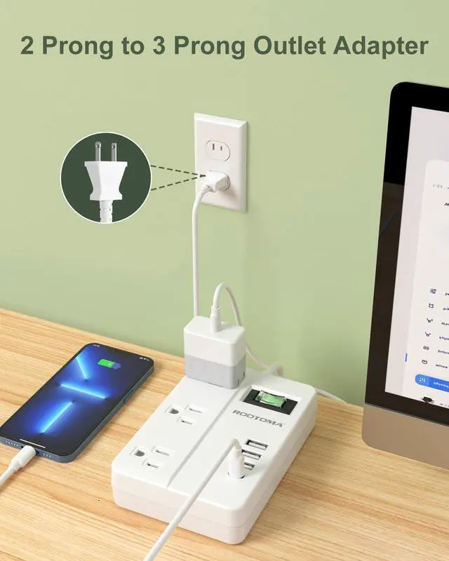 Alt view image 7 of 7 - 2 Prong Power Strip with USB-C, 2 Prong to 3 Prong Outlet Adapter, 1080J 2 Prong Surge Protected with 3 Outlet & 4 USB, 3 Prong Adapter 4ft, for Polarized Two Prong Outlet, Old House, White